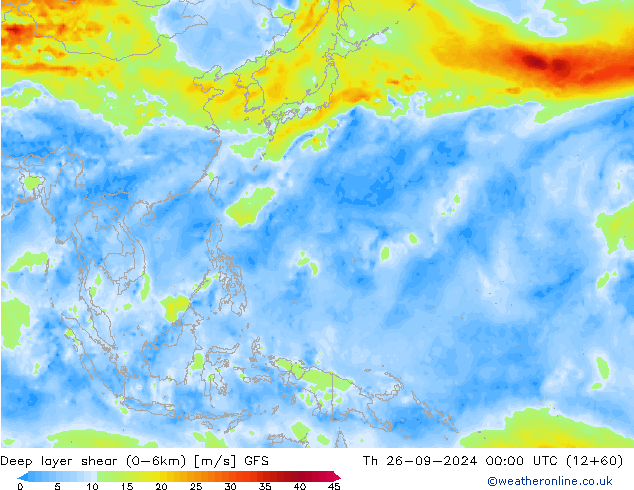 Deep layer shear (0-6km) GFS Th 26.09.2024 00 UTC