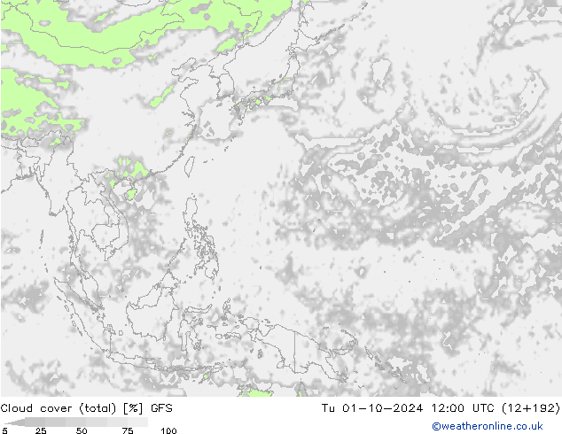 Cloud cover (total) GFS Tu 01.10.2024 12 UTC