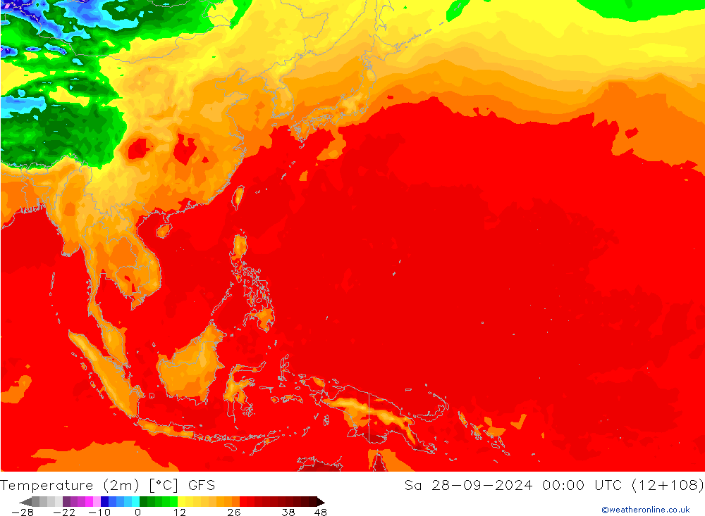 Temperatura (2m) GFS sáb 28.09.2024 00 UTC