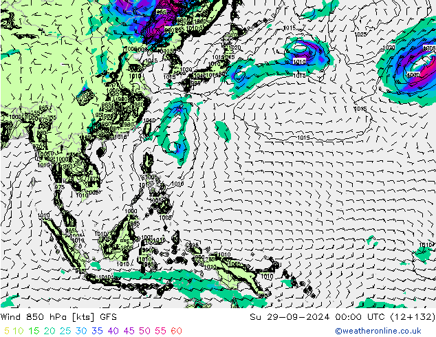 Viento 850 hPa GFS dom 29.09.2024 00 UTC