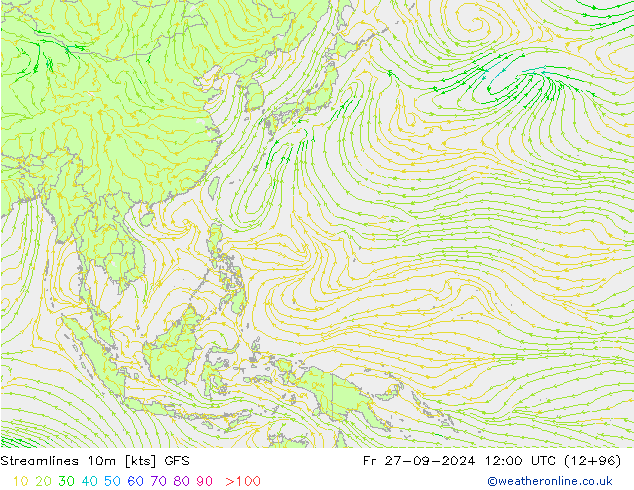 Streamlines 10m GFS Pá 27.09.2024 12 UTC