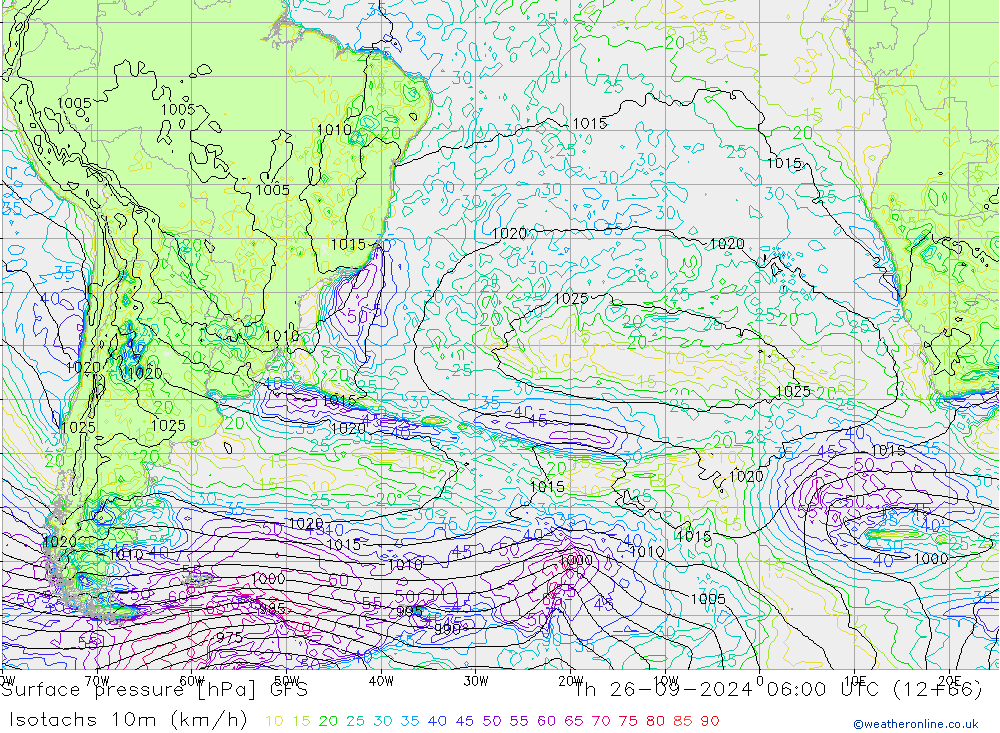 Isotachs (kph) GFS jeu 26.09.2024 06 UTC