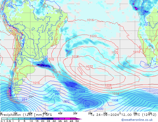 Precipitation (12h) GFS Út 24.09.2024 00 UTC