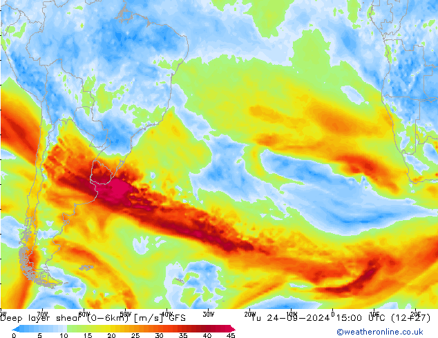 Deep layer shear (0-6km) GFS mar 24.09.2024 15 UTC