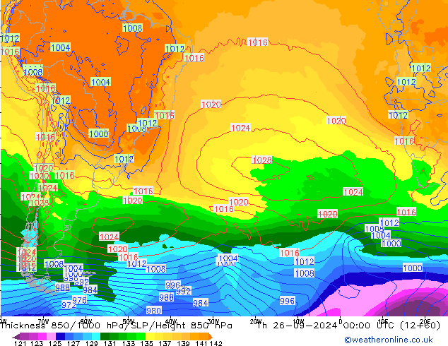 Thck 850-1000 гПа GFS чт 26.09.2024 00 UTC