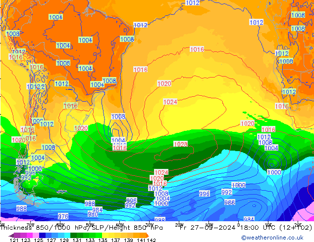 Thck 850-1000 гПа GFS пт 27.09.2024 18 UTC