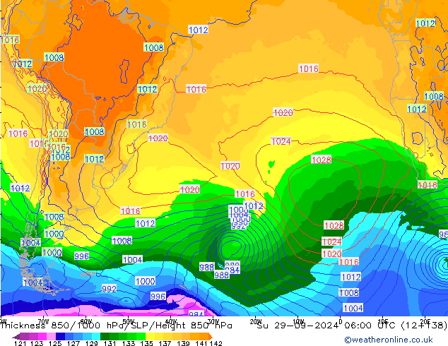 Espesor 850-1000 hPa GFS dom 29.09.2024 06 UTC