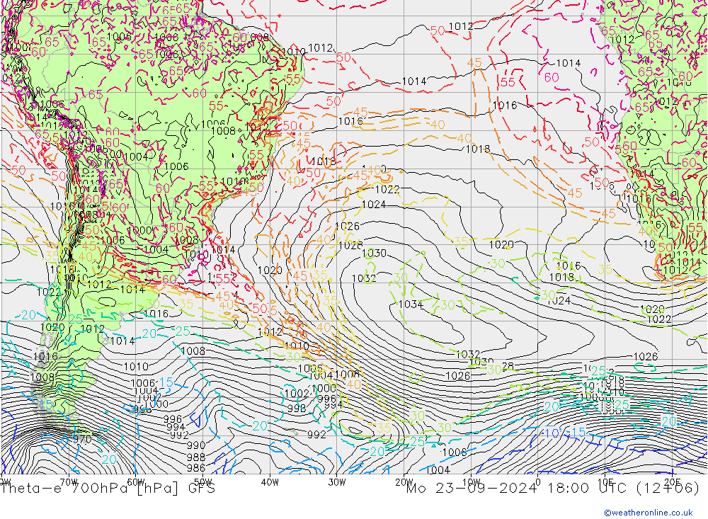 Theta-e 700hPa GFS Po 23.09.2024 18 UTC