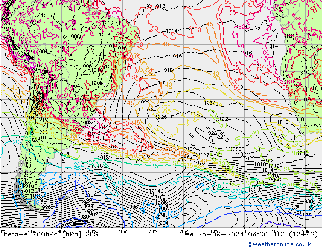 Theta-e 700hPa GFS  25.09.2024 06 UTC