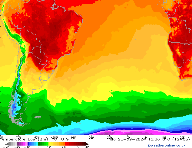 Temperature Low (2m) GFS Mo 23.09.2024 15 UTC