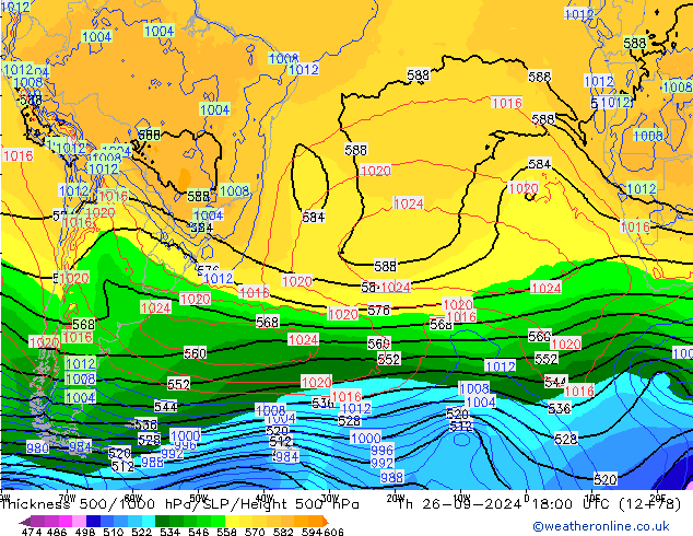 Espesor 500-1000 hPa GFS jue 26.09.2024 18 UTC