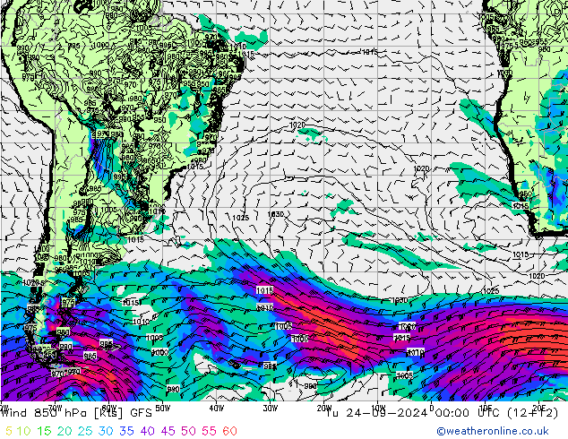 Wind 850 hPa GFS Tu 24.09.2024 00 UTC