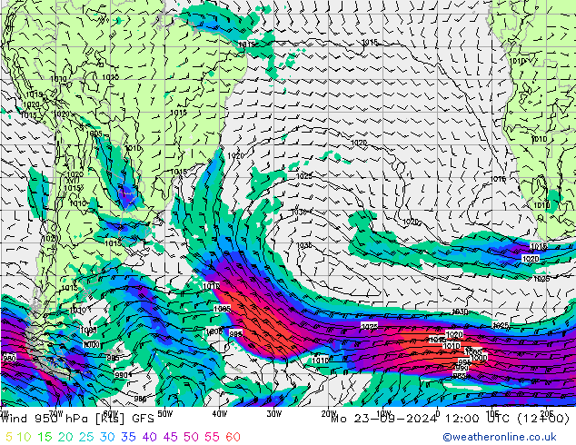 Vent 950 hPa GFS lun 23.09.2024 12 UTC