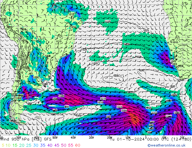 Rüzgar 950 hPa GFS Sa 01.10.2024 00 UTC