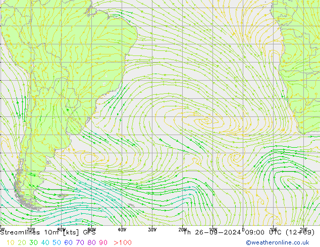 Streamlines 10m GFS Čt 26.09.2024 09 UTC