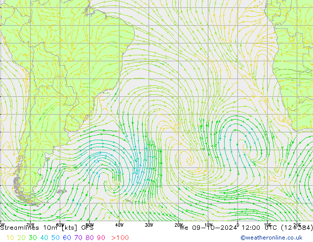 Stroomlijn 10m GFS wo 09.10.2024 12 UTC