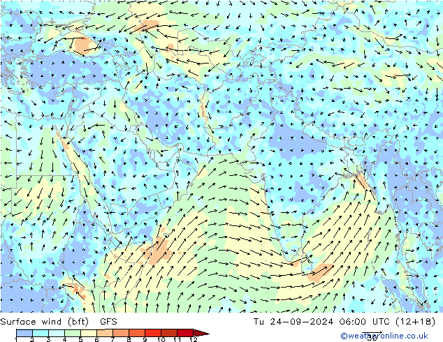 Surface wind (bft) GFS Tu 24.09.2024 06 UTC