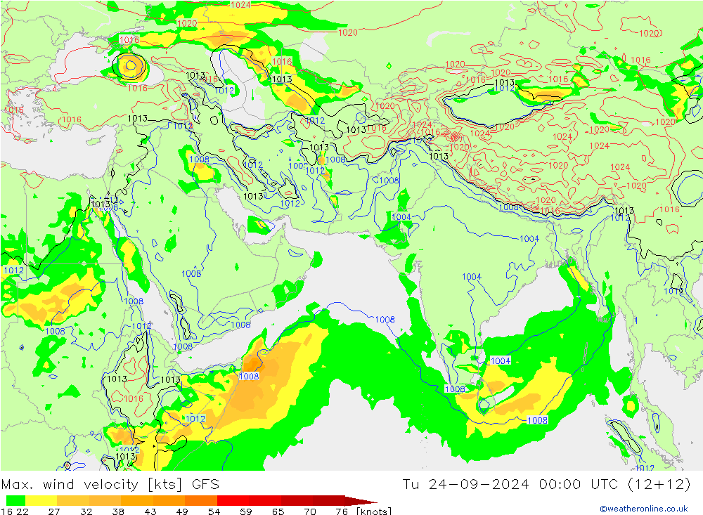 Max. wind velocity GFS вт 24.09.2024 00 UTC