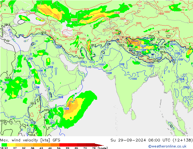 Max. wind velocity GFS Su 29.09.2024 06 UTC