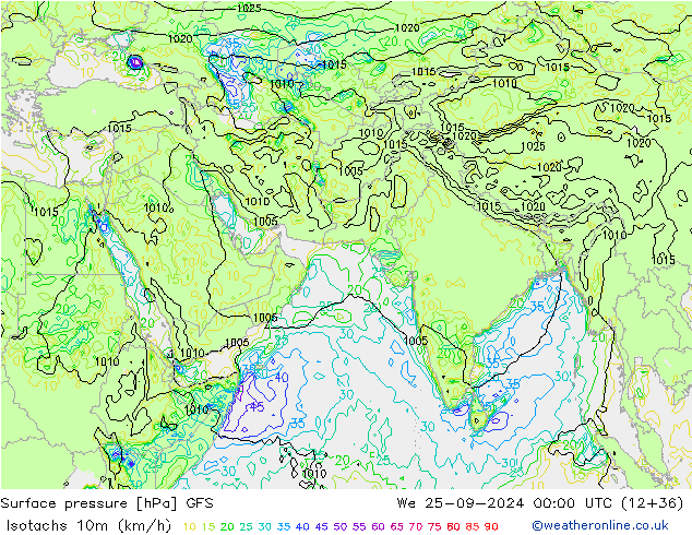 Isotachs (kph) GFS ср 25.09.2024 00 UTC