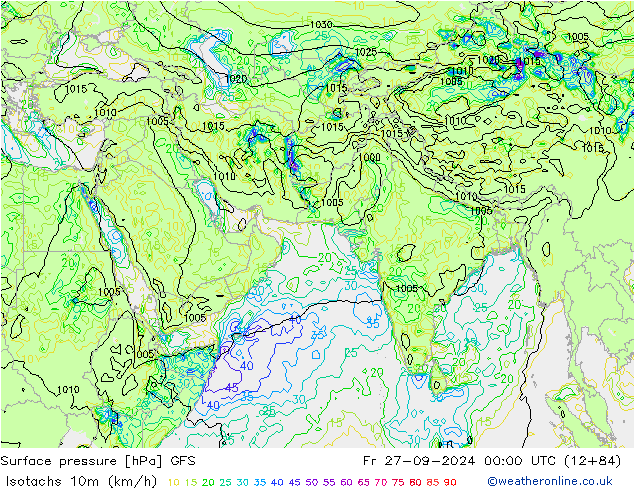 Isotachs (kph) GFS ven 27.09.2024 00 UTC