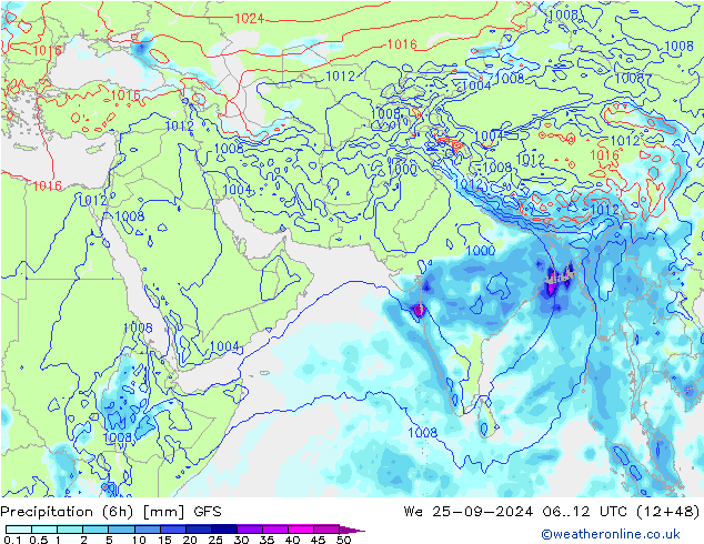 Totale neerslag (6h) GFS wo 25.09.2024 12 UTC