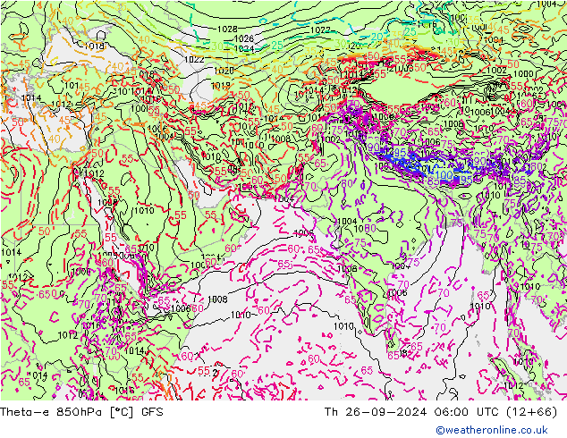 Theta-e 850hPa GFS czw. 26.09.2024 06 UTC