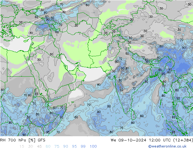 RH 700 hPa GFS mer 09.10.2024 12 UTC