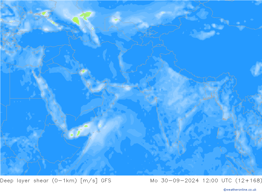 Deep layer shear (0-1km) GFS pon. 30.09.2024 12 UTC