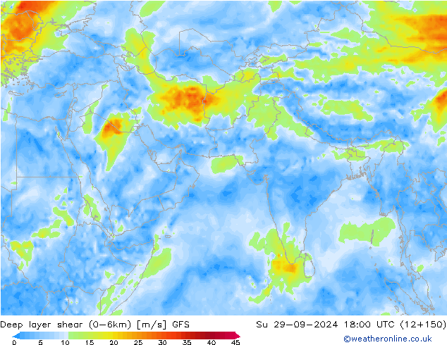 Deep layer shear (0-6km) GFS dim 29.09.2024 18 UTC