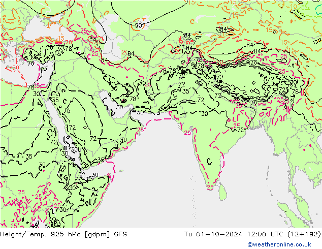 Height/Temp. 925 hPa GFS wto. 01.10.2024 12 UTC