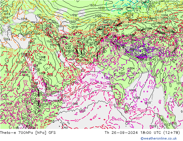 Theta-e 700hPa GFS czw. 26.09.2024 18 UTC