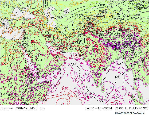 Theta-e 700hPa GFS Ter 01.10.2024 12 UTC