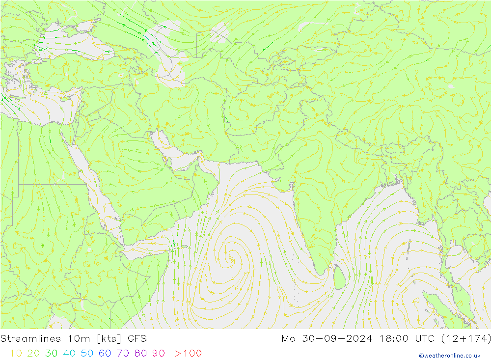 Línea de corriente 10m GFS lun 30.09.2024 18 UTC