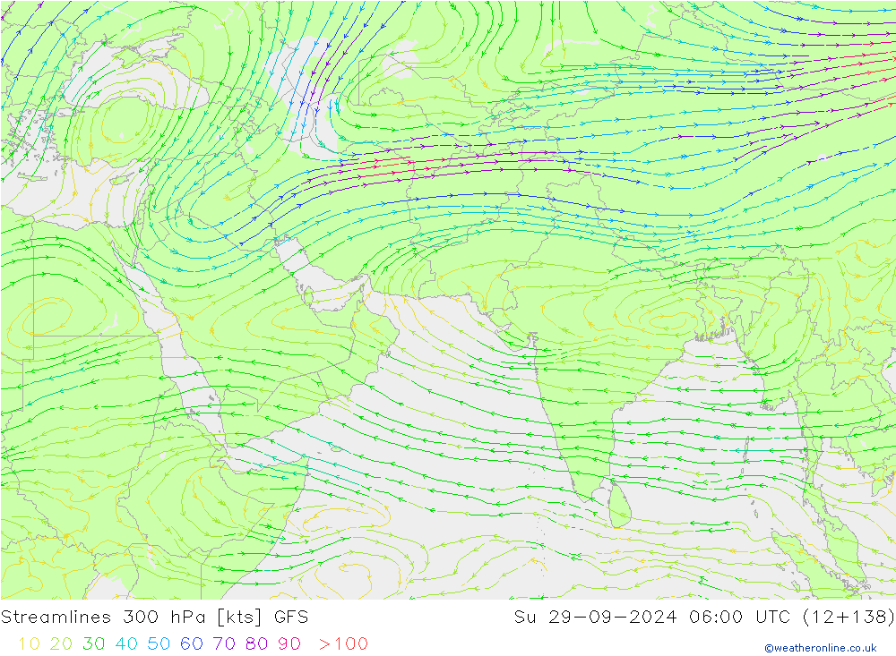 Línea de corriente 300 hPa GFS dom 29.09.2024 06 UTC