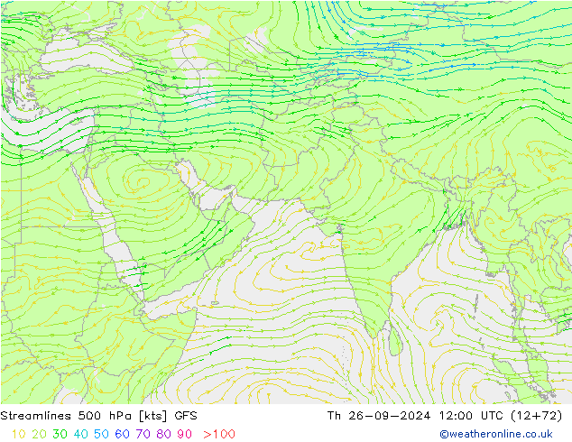 Linia prądu 500 hPa GFS czw. 26.09.2024 12 UTC