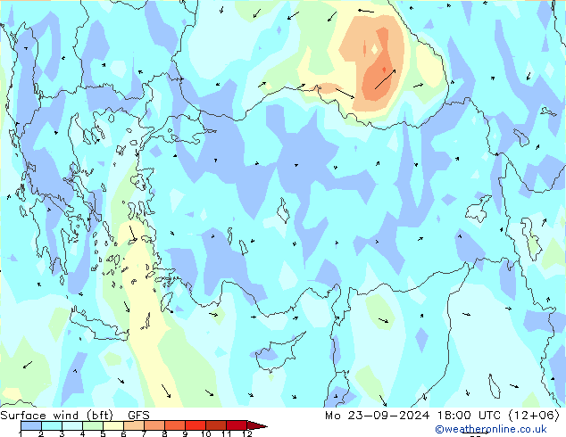 Surface wind (bft) GFS Mo 23.09.2024 18 UTC