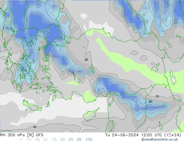 Humidité rel. 300 hPa GFS mar 24.09.2024 12 UTC