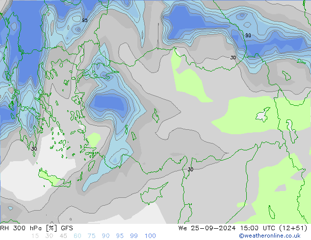 Humidité rel. 300 hPa GFS mer 25.09.2024 15 UTC