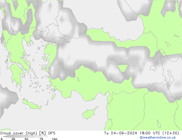 Cloud cover (high) GFS Tu 24.09.2024 18 UTC