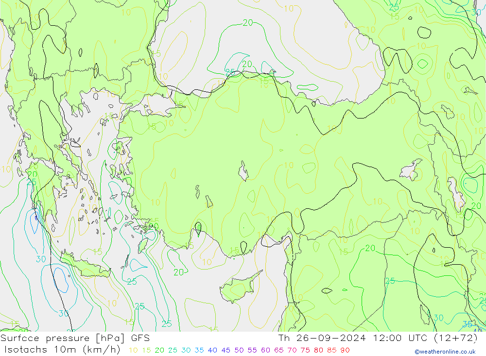 Eşrüzgar Hızları (km/sa) GFS Per 26.09.2024 12 UTC