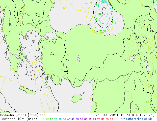 Isotachs (mph) GFS вт 24.09.2024 12 UTC