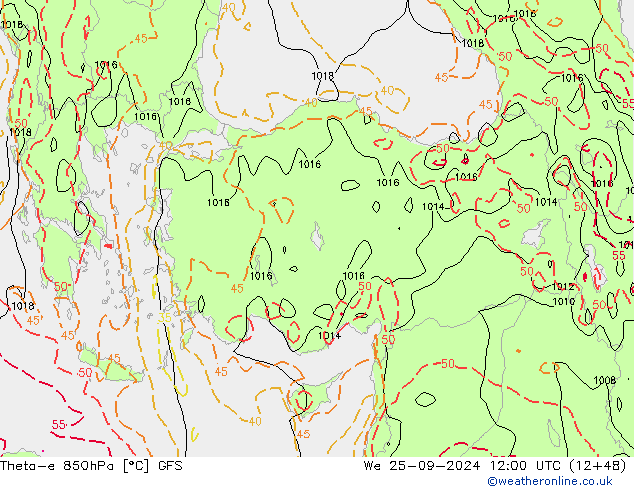 Theta-e 850hPa GFS We 25.09.2024 12 UTC