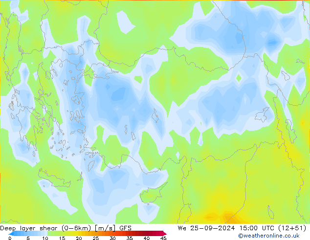 Deep layer shear (0-6km) GFS ср 25.09.2024 15 UTC