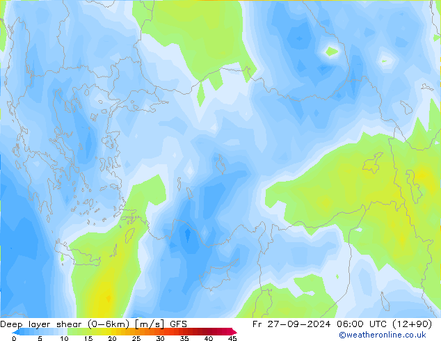 Deep layer shear (0-6km) GFS Fr 27.09.2024 06 UTC