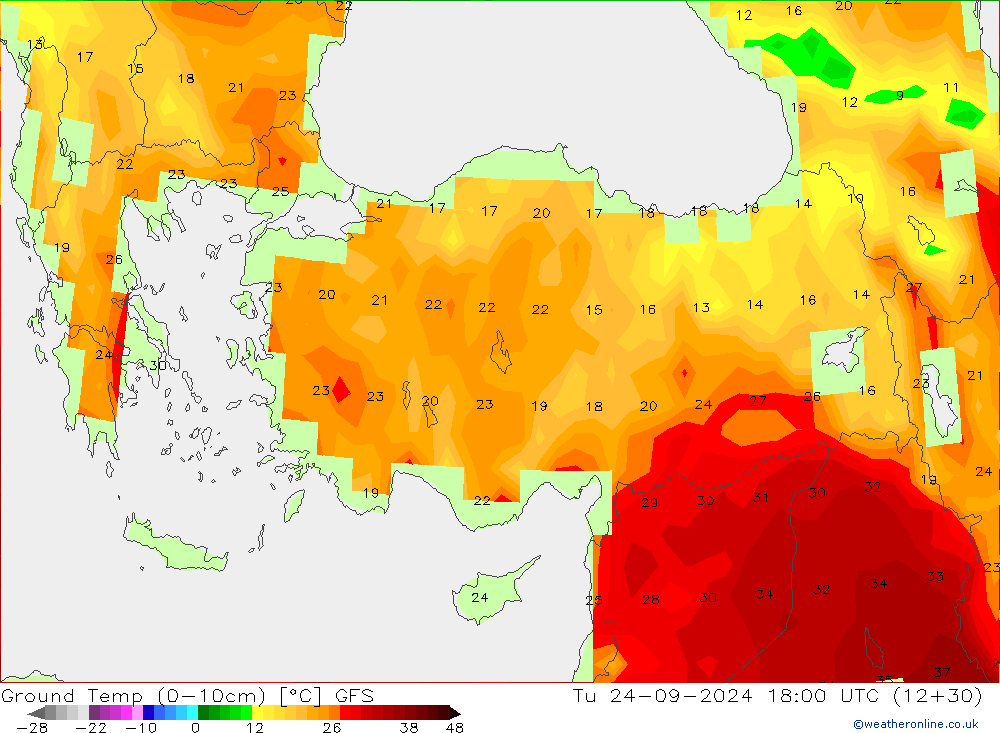 Ground Temp (0-10cm) GFS Tu 24.09.2024 18 UTC