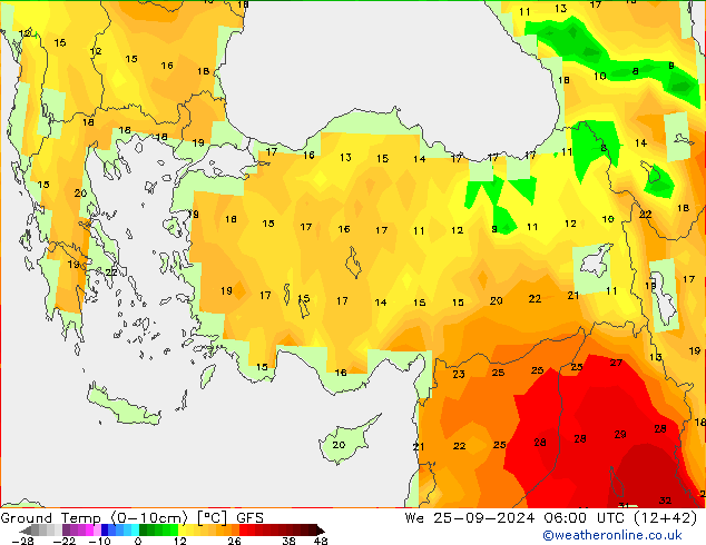 Temperatura del suelo (0-10cm) GFS mié 25.09.2024 06 UTC