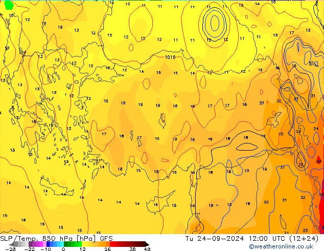 SLP/Temp. 850 гПа GFS вт 24.09.2024 12 UTC