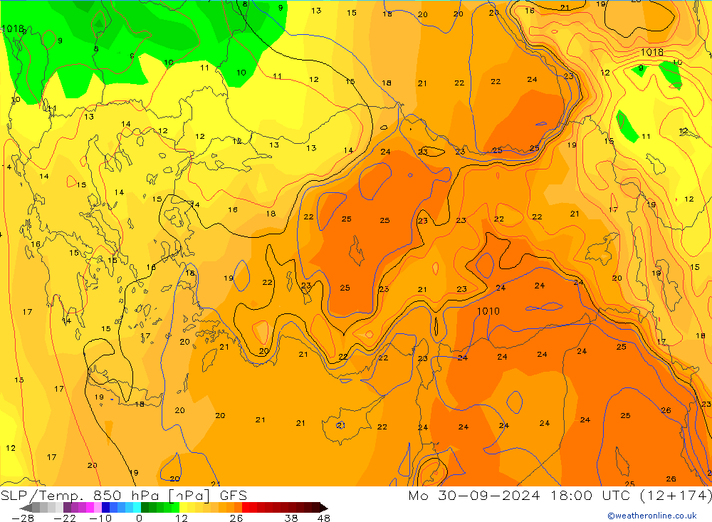 SLP/Temp. 850 hPa GFS Mo 30.09.2024 18 UTC