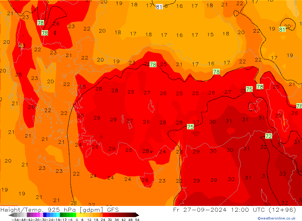 Height/Temp. 925 hPa GFS Pá 27.09.2024 12 UTC